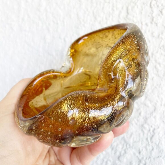 VTG Murano Amber Bowl Hand Mouth Blown Glass Laid in Bubbles Ashtray Dish Heavy - Picture 6 of 11